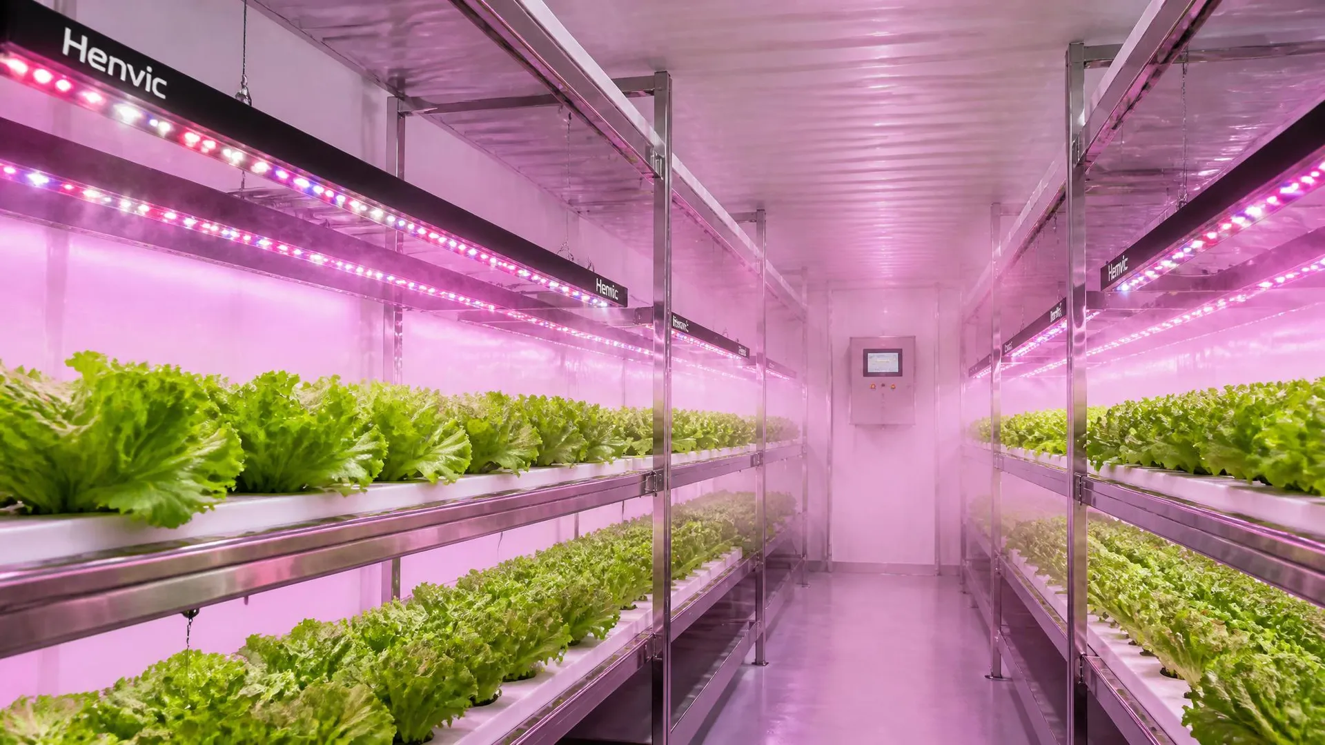 LED-Pflanzenlampe der Serie HVC-GL, eingebaut in eine Containerfarm